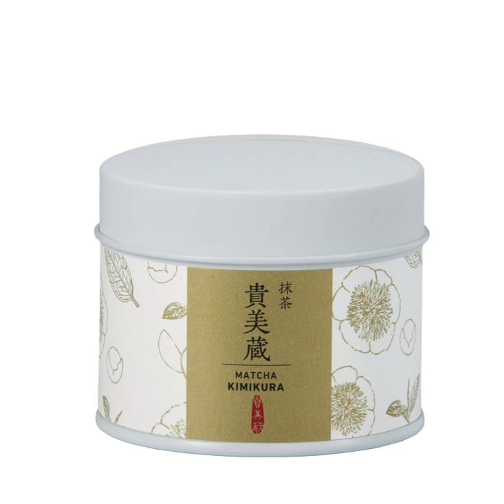 Matcha kimikura container with white lid and gold label on a white background