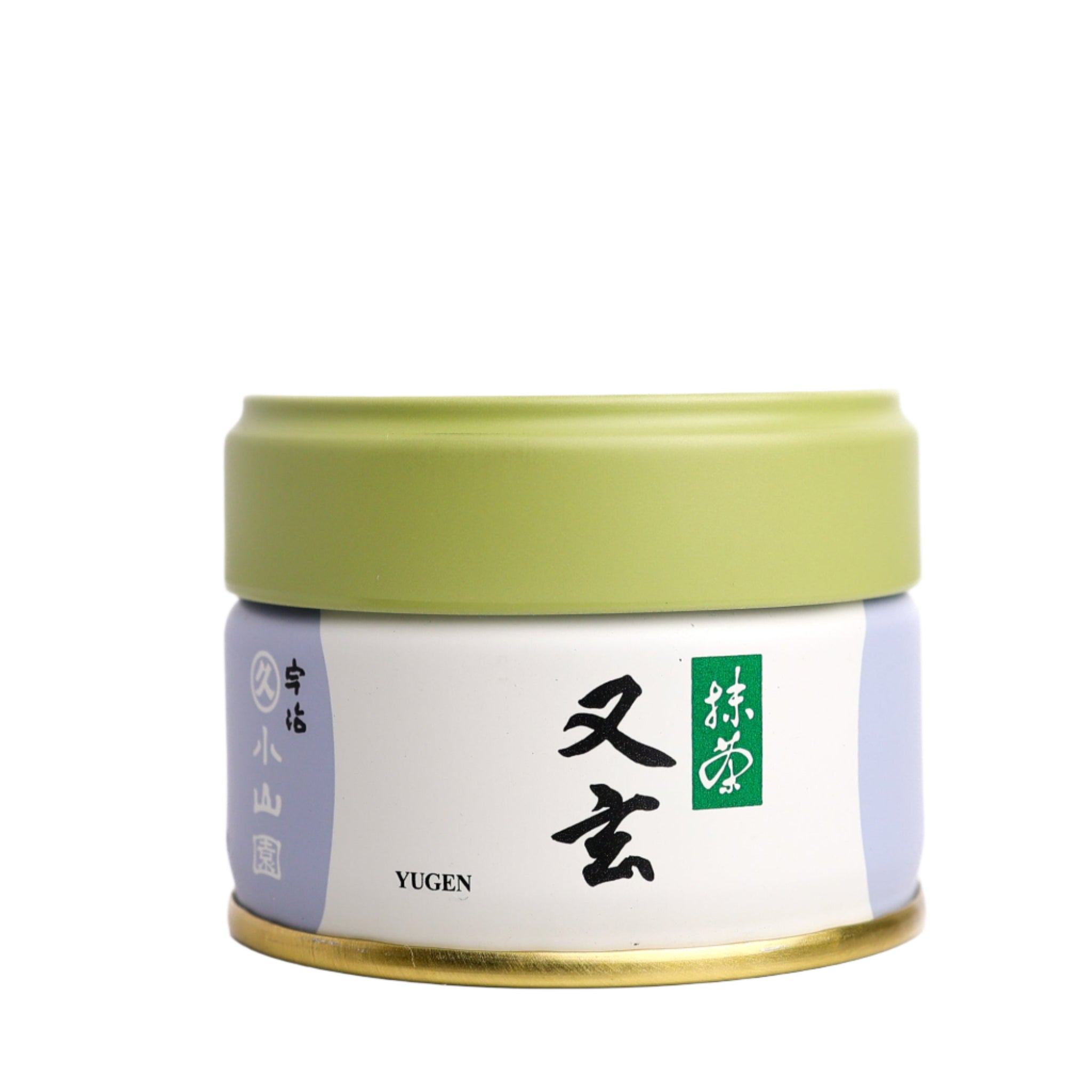Matcha container with a green lid and white label on a white background